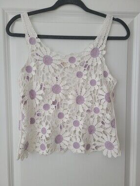 Altar'd Stare White And Purple Crochet Daisy Tank Top